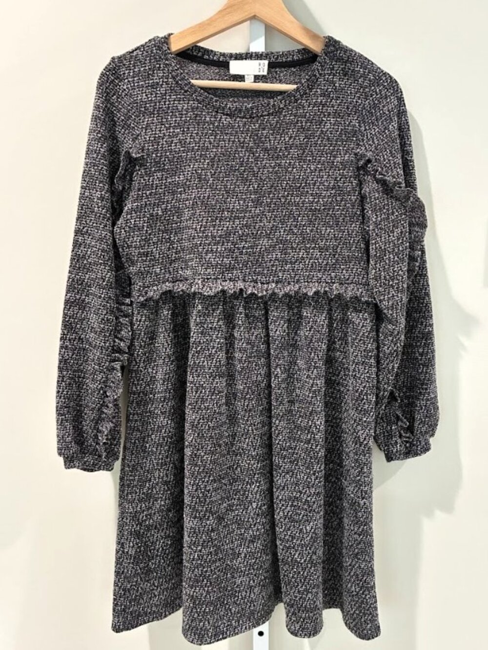 Anthropologie RO & DE Marled Knit Ruffle Mini Dress Charcoal Grey Black Size XS